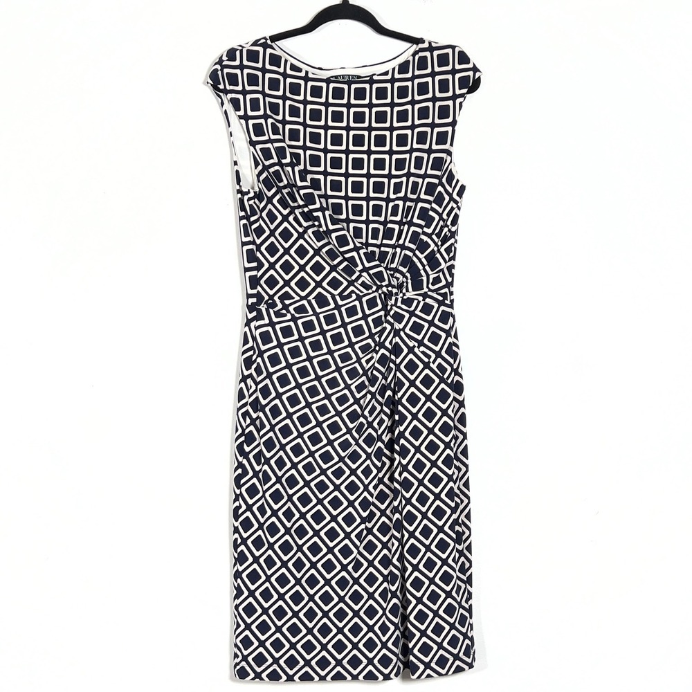 Ralph Lauren Side Knot Front Sheath Dress Womens Sz 12 Blue White Geo Sleeveless